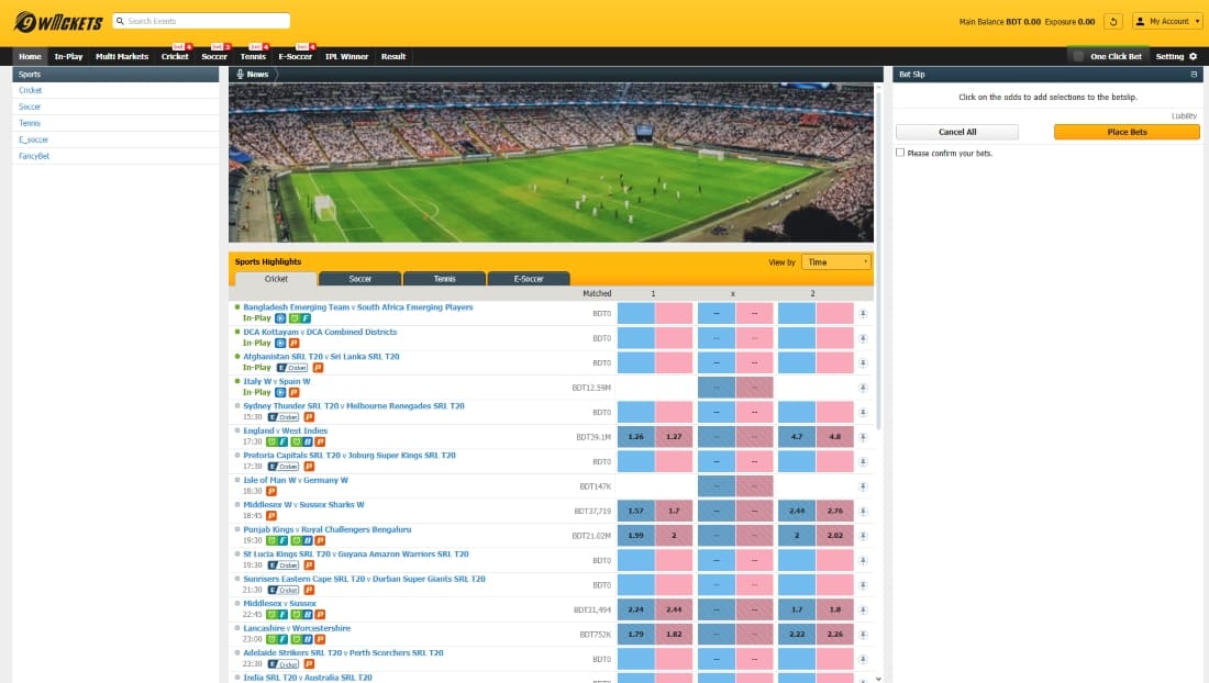 9 Wickets sportsbook odds page with multiple cricket and soccer events and match statistics