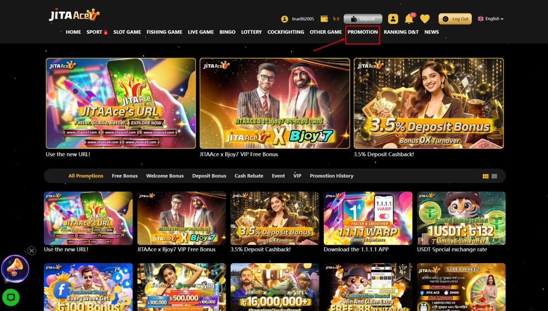 Promotion section showing JitaAce bonuses, Bjoy7 VIP offer, deposit cashback, and event tiles