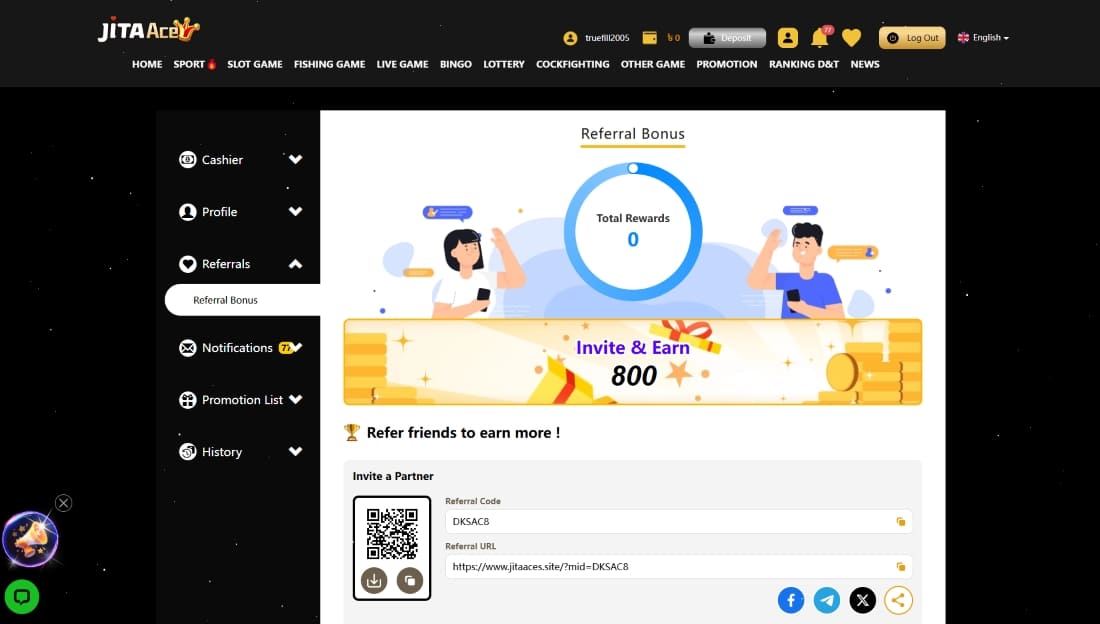 JitaAce referral page with QR code, reward circle showing 0, and invite to earn 800 points