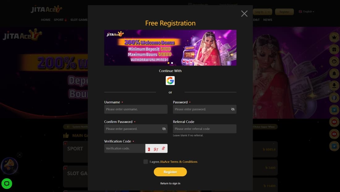 Registration form on JitaAce with 200% welcome bonus banner, including username and password fields