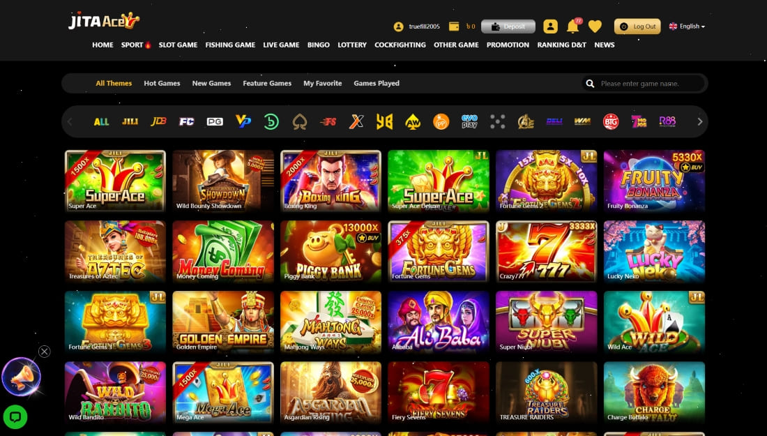 Slot game library at JitaAce showing icons for Super Ace, Crazy777, Piggy Bank, and other themes