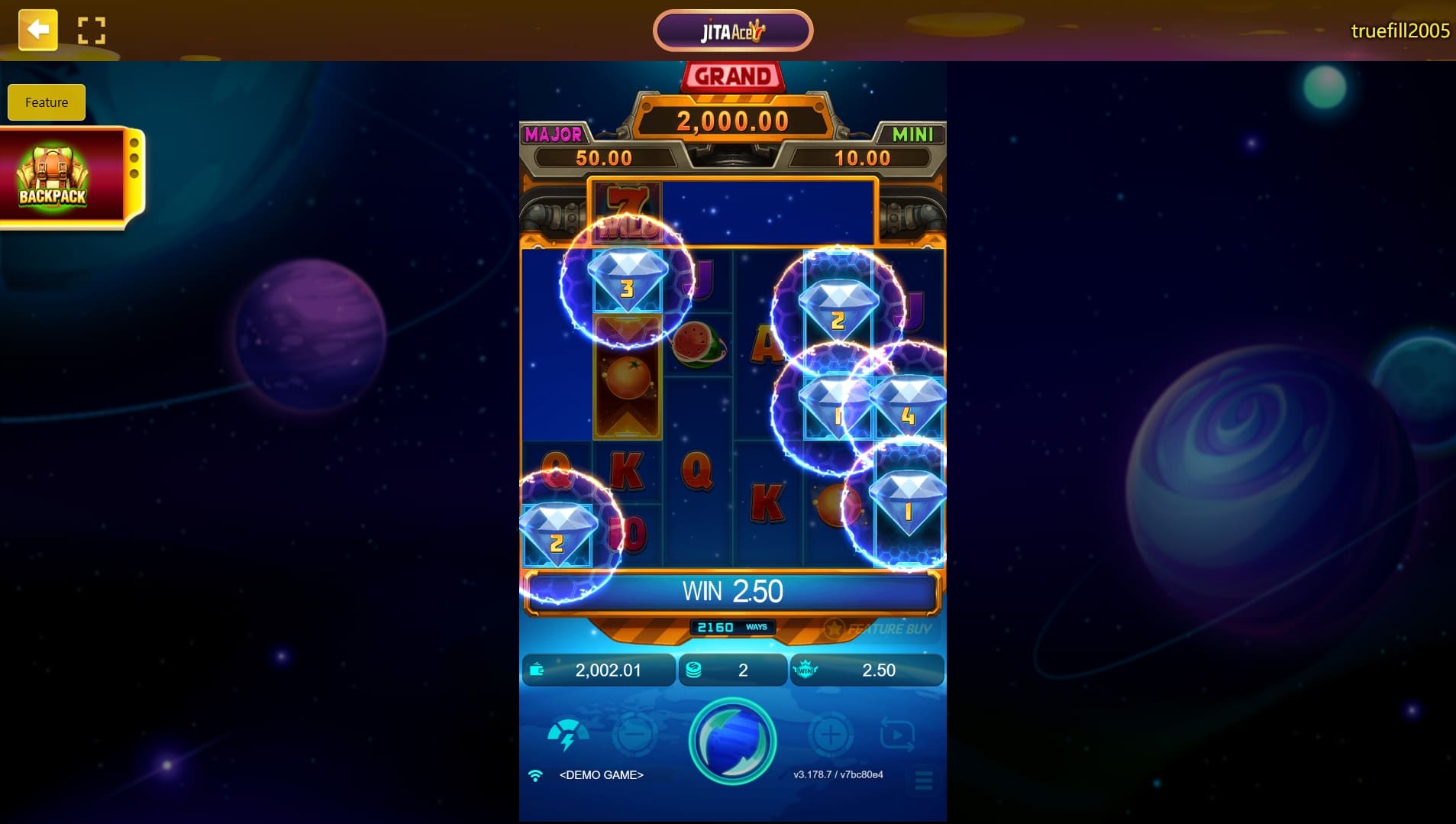 Slot game demo with win of 2.50, featuring lightning effects and diamond symbols on JitaAce