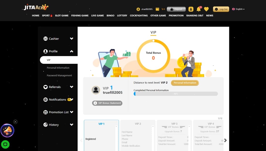 JitaAce VIP 1 page showing bonus tracker, personal info status bar, and upgrade path to VIP 2