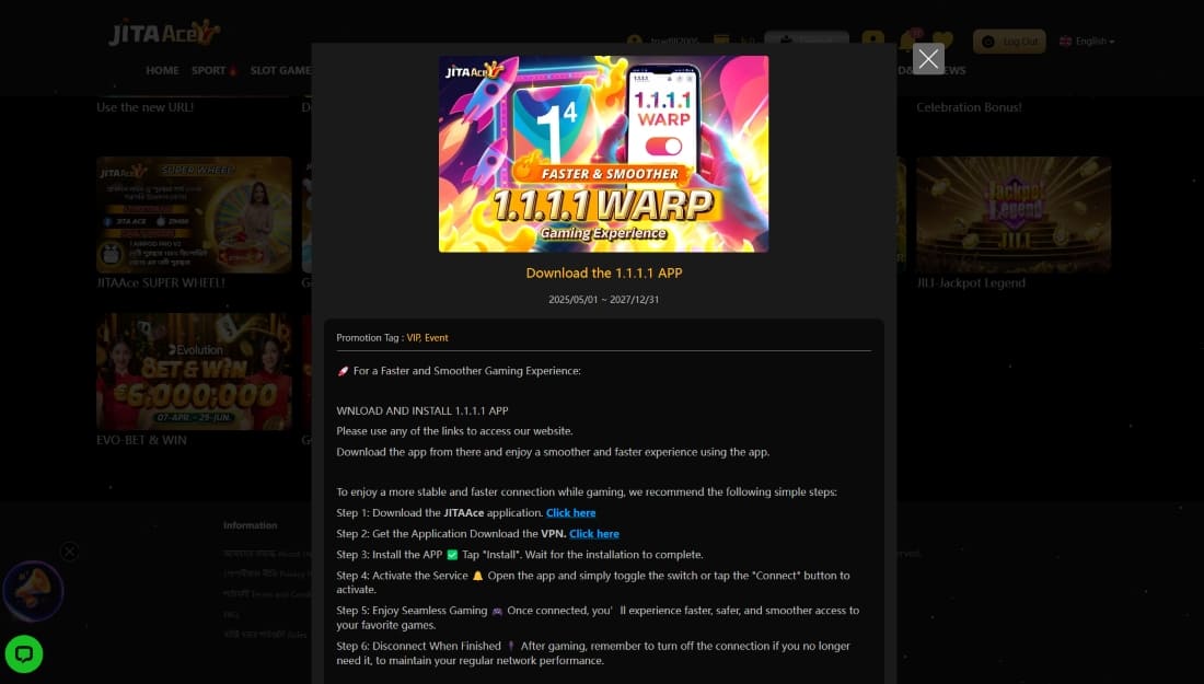 Popup guide to install 1.1.1.1 VPN app with instructions for smoother gameplay on JitaAce
